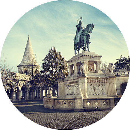 Bronze Statue of Stephen I of Hungary and the Fishermen' Bastion in Budapest, Hungary